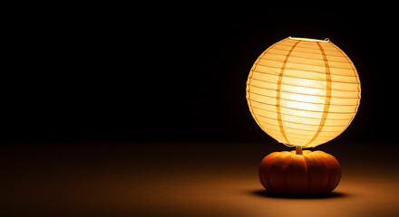 Fototapeta premium Illuminated Paper Lantern atop a Pumpkin, Creating a Warm and Inviting Glow, Perfect for Autumnal Decor and Festive Ambiance