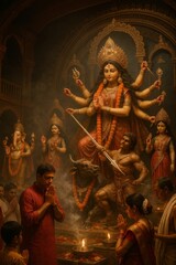 Fototapeta premium Durga idol in a decorated pandal during Durga Puja. The goddess has multiple arms and is shown defeating the buffalo demon Mahishasura. Devotees are praying in the evening light