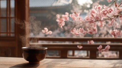 Cup of tea with blossoming cherry tree in japan view from a wooden window