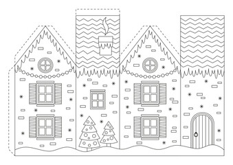 Coloring page with Christmas house for kids. Craft game cut and glue paper. Education for kids, papercraft, Christmas decor. Vector illustration