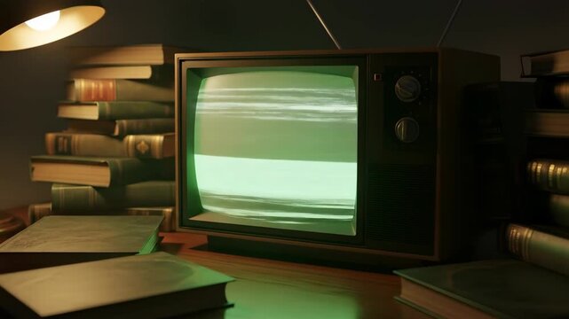 Vintage cathode ray tube television with green static screen on desk amidst stacked old books and warm lamp light