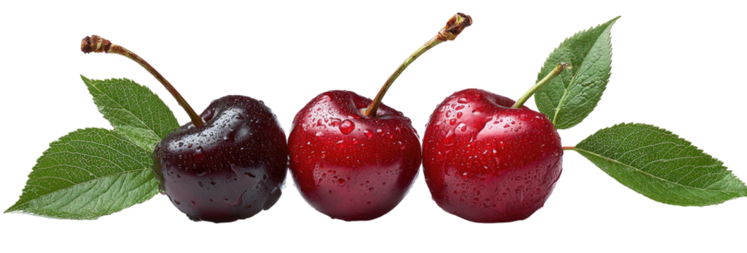 Three fresh cherries, one dark, two red, with leaves