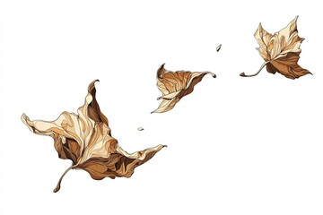 Fototapeta premium Three autumn leaves, light brown hues, gently floating