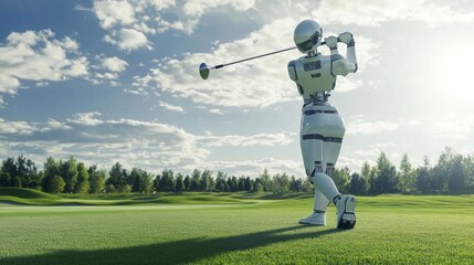 Golf robot perfectly swings in serene nature golf course digital art futuristic environment dynamic viewpoint mecha concept