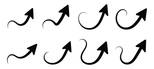 Set of eight black curved and wavy arrow icons on white background wave swirl