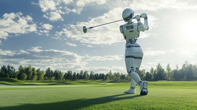 Golf robot perfectly swings in serene nature golf course digital art futuristic environment dynamic viewpoint mecha concept
