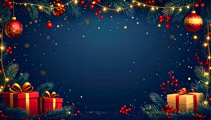 Christmas wallpaper template with borders of lights, gifts, and pine branches