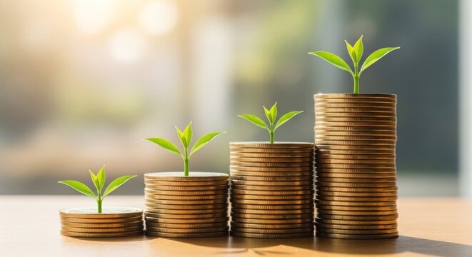 Stacks of gold coins with growing plants illustrate financial growth and prosperity. - Powered by Adobe