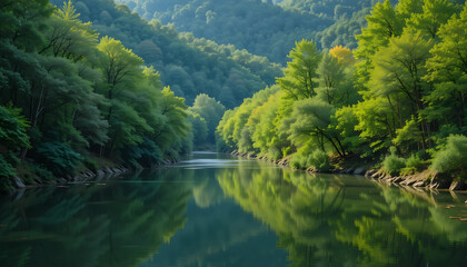 Obraz premium Peaceful scene of a tranquil river and green trees reflecting in a mountain lake