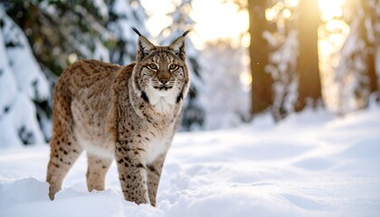 Obraz premium Lynx in snowy forest at sunrise