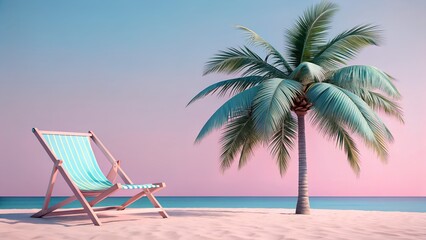 Relaxing beach chair awaits under a tropical palm tree with pastel sky and ocean view