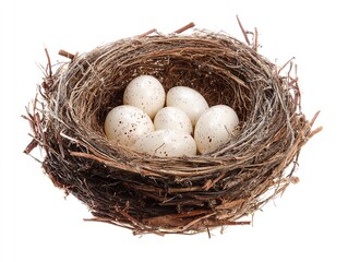 Isolates the egg's realistic nest on a clean white background, with high-resolution, high-quality, professional color grading and sharp, sharp focus for professional, lifelike presentations.