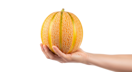 a hand gently presents ripe cantaloupe melon summers sweet golden delight, ready to enjoy, isolated on transparent background