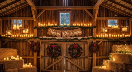 Obraz premium Cozy Christmas Barn Celebration with Warm Candlelight and Festive Decor
