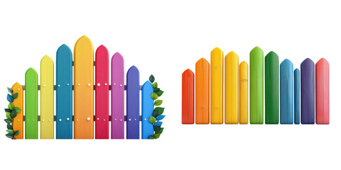 Obraz premium Colorful wooden fence with rainbow themed design, featuring vibrant hues and decorative leaves, evokes joy ,isolate on transparent background