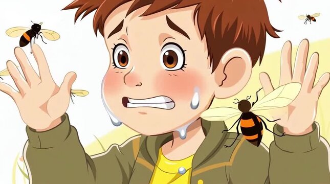 Boy in shock as bees swarm around him illustrating childhood fears and nature's unpredictability in a vibrant cartoon style