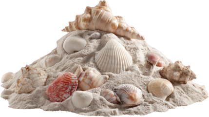 Seashells and Sand Pile on White Background