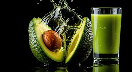 Fresh avocado splashing into water next to a glass of green juice