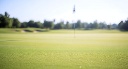 Obraz premium A Lush Green Golf Course With A Blurred Flag In The Distance Under A Bright Sky. Capturing A Serene Morning Or Afternoon On The Links, Perfect For Sports Or Leisure Themes.