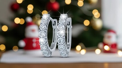 Elegant diamond earrings sparkle against a blurred festive Christmas tree background for the holidays. - Powered by Adobe