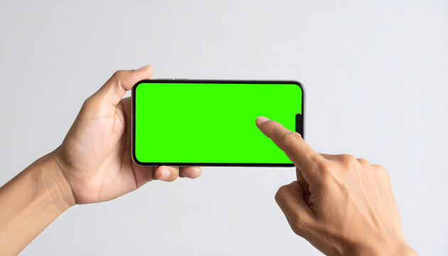 Hands holding a smartphone with a green screen in landscape orientation, finger touching the screen.