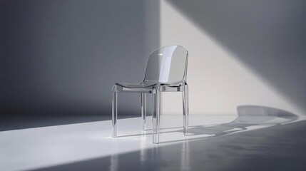 Crystal-clear acrylic chair with molded arms and seat, seamless one-piece design, soft reflections. Sunlit minimalist concrete room with triangular light beam and long shadows; photorealistic, 16:9.