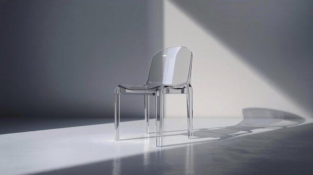 Crystal-clear acrylic chair with molded arms and seat, seamless one-piece design, soft reflections. Sunlit minimalist concrete room with triangular light beam and long shadows; photorealistic, 16:9.