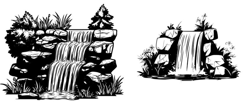 Computer game design incorporates a cartoon waterfall, river water cascade, and mountain stream cascade as a key item