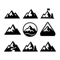 Mountains Icon Vector Set – Hiking, Travel and Camping Symbols