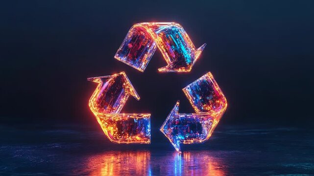 Recycling symbol glowing with futuristic technology on dark background