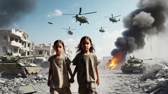 Two children are walking through a destroyed city in a war zone, with tanks and helicopters in the background and smoke and fire rising from burning debris