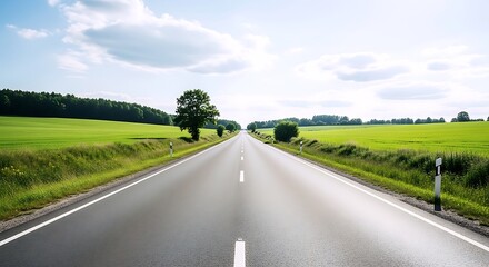 Fototapeta premium An Empty Asphalt Road Extends Through Expansive Green Fields And Distant Trees Beneath A Clear Blue Sky With White Clouds.