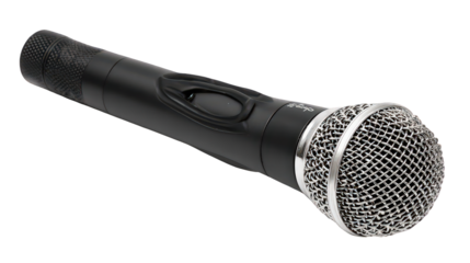 Black Wireless Microphone with Silver Grill on Transparent Background