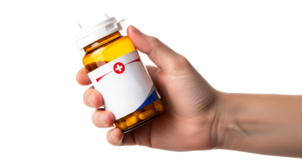 a hand holds amber pill bottle healthcare, wellness, and remedy concept, isolated on transparent background