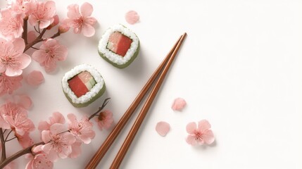 Sushi rolls with chopsticks and pink blossoms on white background
