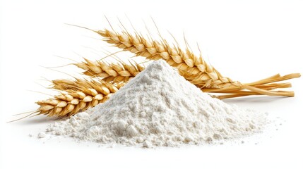 Ultra quality image of small mound of white flour sits next to a golden wheat stalk against a stark white background.