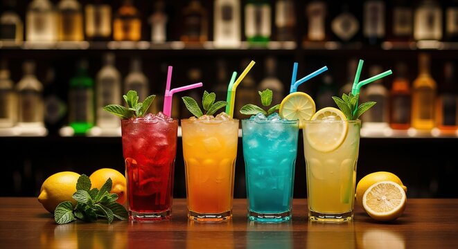 Four colorful refreshing cocktails garnished with mint and citrus on a bar counter