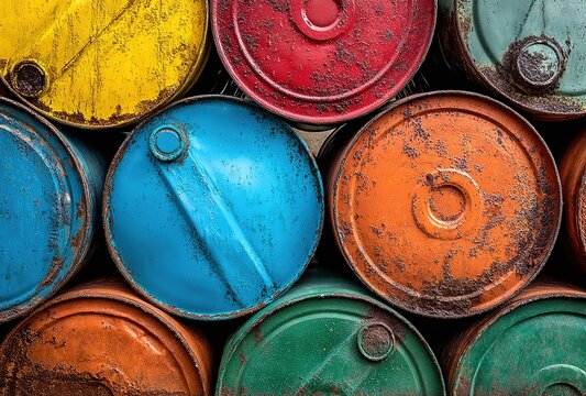 A stack of rusted oil barrels with one blue barrel in the middle, representing chemical waste