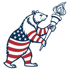Fototapeta premium Patriotic Bear with Torch – Fierce USA Vector Tee. Perfect for: wildlife lovers, patriotic streetwear, sports mascots