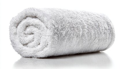Ultra quality image of tightly rolled white hand towel, isolated on a pure white background. Spa, cleanliness.