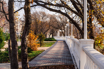 Gelendzhik resort embankment with balustrade and view of the Black Sea. A walkway with a railing and a view of the ocean