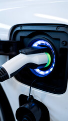 Electric car charging. A close-up of the charger plugged in, emitting a blue light.