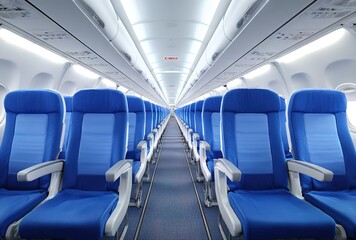 An airplane cabin with blue seats and white walls, white carpet on the floor, and an empty space in front of each seat