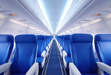 An airplane cabin with blue seats and white walls, white carpet on the floor, and an empty space in front of each seat