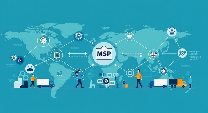 Illustration of managed service provider network with global reach, showing logistics and technology integration