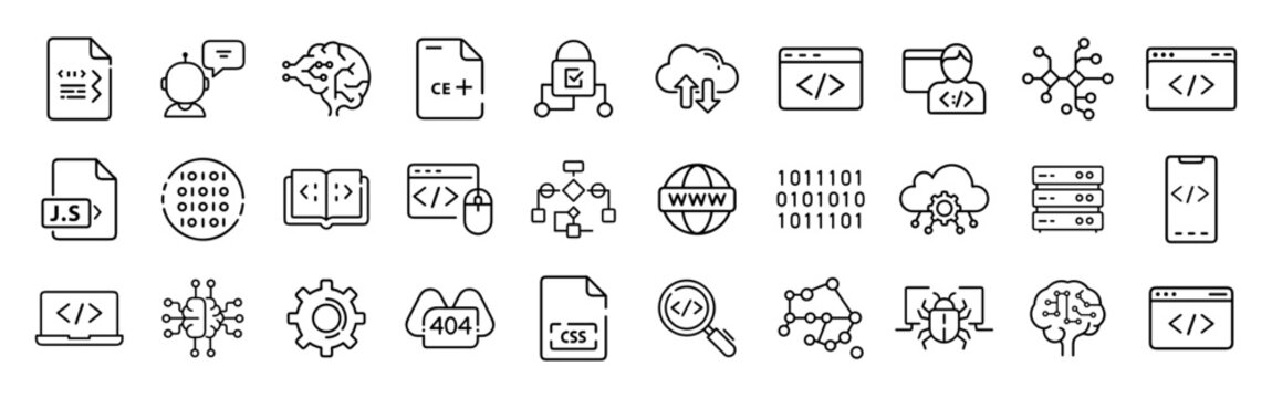 Programming and Coding Vector Icon Set &ndash; Editable Stroke Line Icons of Laptop, HTML, CSS, JavaScript, C++, AI, Cloud Computing, Database, Debugging, Binary Code, and Software Development &ndash; Minimal Out
