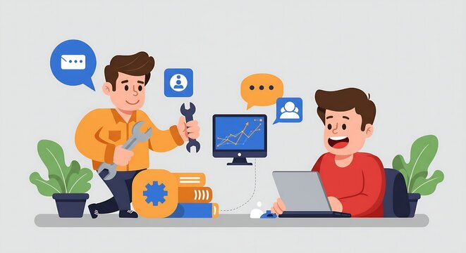Two cartoon men working on computers and it infrastructure, representing managed service provider