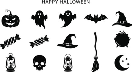 Fototapeta premium Happy Halloween silhouette vector set collection of Halloween symbols. pumpkin, ghost, bat, witch hat, candy, cauldron, broom, moon