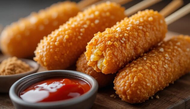 Golden crispy corn dogs served on sticks with dipping sauces, appetizing and freshly fried, perfect for food blogs.