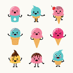 Fototapeta premium A whimsical collection of adorable and expressive cartoon ice cream cones for summer fun and sweet treats